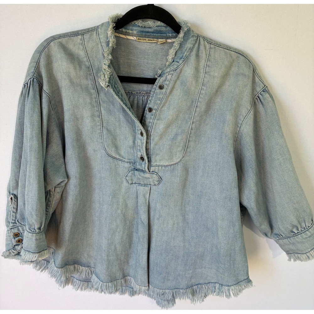 Anthropologie Holding Horses Denim Frayed Boho Top Oversized Womens XSP
